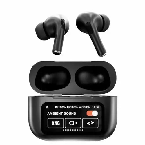 A9 Pro Earbuds With Anc Technology Sleek Matte Black Design Led Indicator Built In Screen And Clear Sound Quality - Black