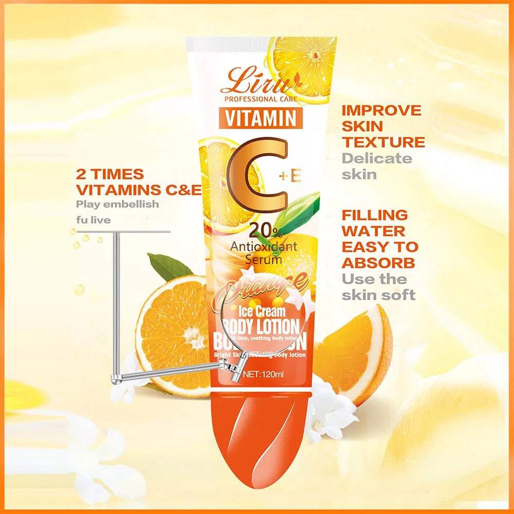 Liru Vitamin C + E 20% Antioxidant Serum Body Lotion – Orange Ice Cream Formula for Bright & Soothing Skin (120ML) - Without Box